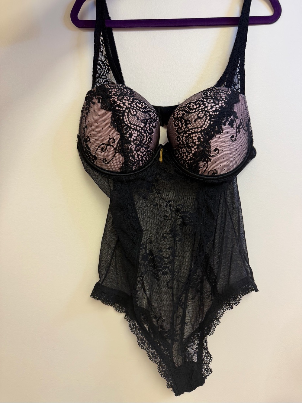 Daisy Fuentes Black Lace Overlay Pink Bodysuit